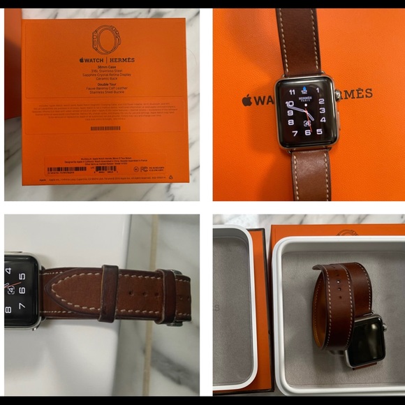 HERMES APPLE WATCH , WITH 38mm FAUVE BERENIA HANDMADE LEATHER DOUBLE TOUR BAND - Picture 6 of 16